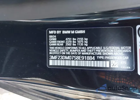 2025 BMW M2 z USA, uszkodzony, nr VIN 3MF23DM07S8E91884